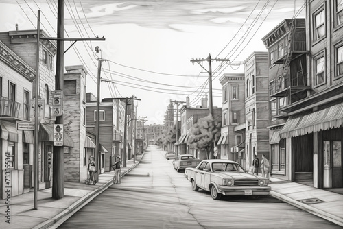 Pencil drawing of city street. Generative AI © Nomad_Soul