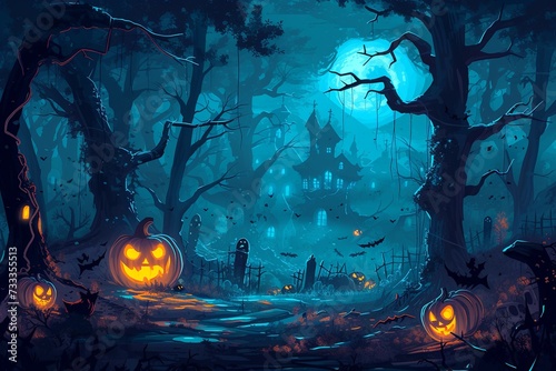 halloween scene pumpkin and ghosts carved in a forest, in the style of atmospheric landscape paintings, 2d game art, dark cyan, haunting houses, rtx on, poster.