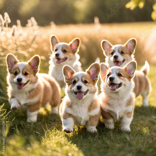 photography of a group of adorable corgi puppies frolicking in a sunlit meadow their fluffy. ai generative