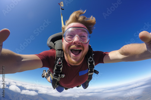 Skydiver capturing a selfie mid-flight, with a wide smile and the vast sky as the backdrop. Generative AI