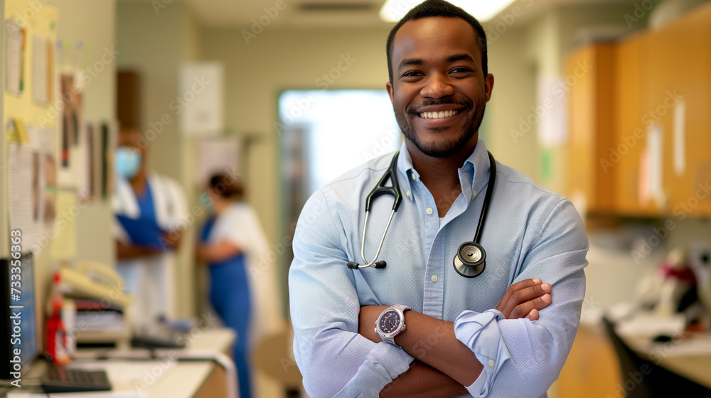 Happy doctor with stethoscope in hospital, staff in background with staff Happy doctor with stethoscope in hospital, staff in background with staff