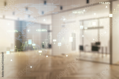 Double exposure of abstract creative financial chart hologram and world map on modern corporate office background, research and strategy concept