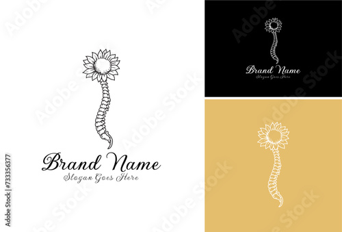 Sunflower with Human Spine Set Logo. Sunflower Radiologic Technologist Logo. Human spine backbone logo template.
