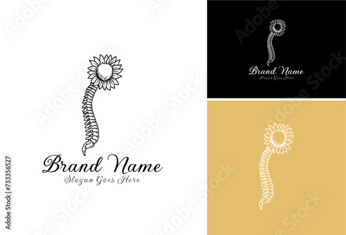 Sunflower with Human Spine Set Logo. Sunflower Radiologic Technologist Logo. Human spine backbone logo template.
