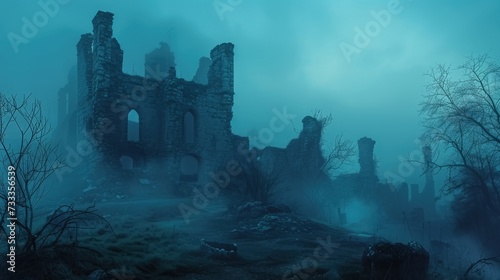 old ruined castle was covered with a mysterious fog 