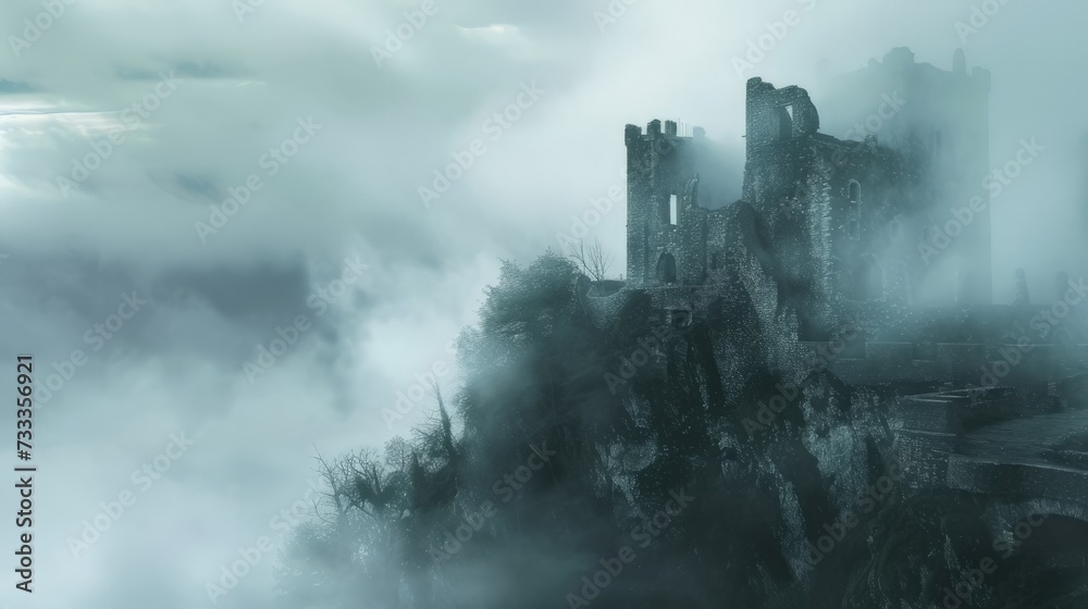 mysterious fog enveloped the old ruined castle mysterious fog enveloped the old ruined castle