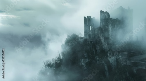  mysterious fog enveloped the old ruined castle photo