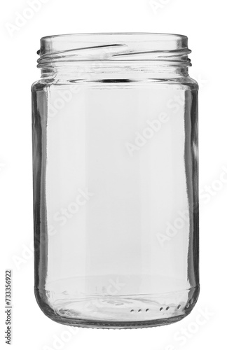 Open empty glass jar for food and canned food. Isolated on white background.