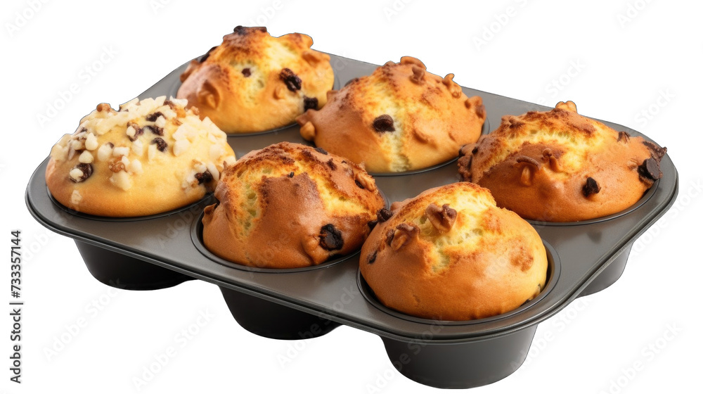 Freshly baked muffins in metal tray png