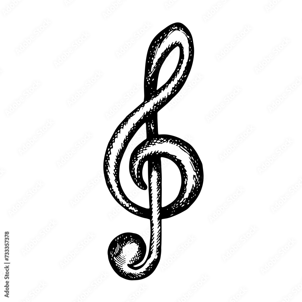 Obraz premium Musical treble clef. Graphic vector black and white illustration. Highlight it. For posters, flyers and invitation cards. For banners and postcards. For logos, badges, stickers and prints.
