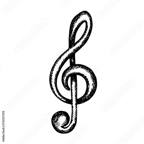 Musical treble clef. Graphic vector black and white illustration. Highlight it. For posters, flyers and invitation cards. For banners and postcards. For logos, badges, stickers and prints.