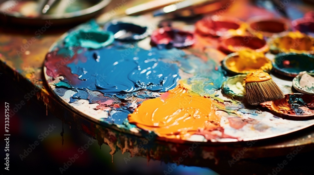 A close-up of a paint palette filled with a rich assortment of vibrant colors. A close-up of a paint palette filled with a rich assortment of vibrant colors.