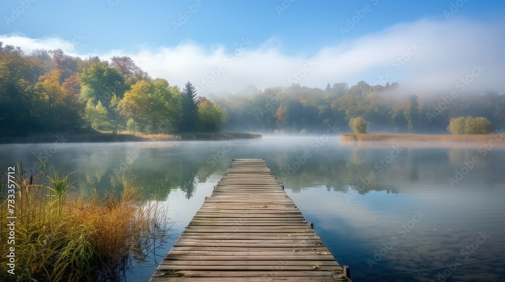  lake with wooden pier disappearing into fog