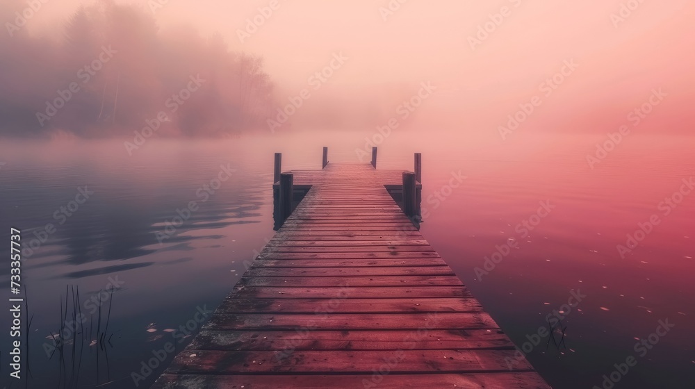  lake with wooden pier disappearing into fog - obrazy, fototapety, plakaty 