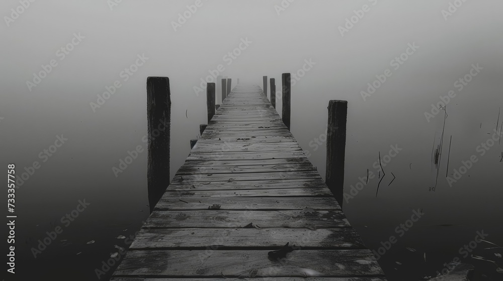 lake with wooden pier disappearing into fog lake with wooden pier disappearing into fog