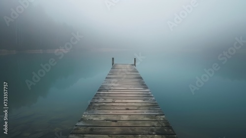  lake with wooden pier disappearing into fog