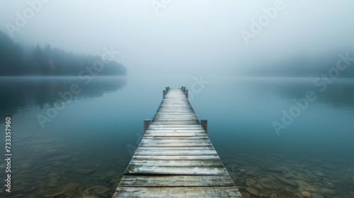 fog hid the wooden pier on the lake 