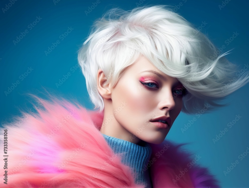 Young female with blond hair and a pink fur coat and blue top. Ai generated