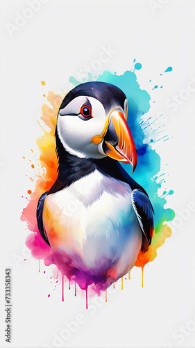 Minimalist Neon Line Puffin Logo with Geometric Design, Vibrant Smoke Effects White Background with t-shirt design ai art