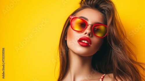 Beauty summer fashion model girl wearing sunglasses, copy space.