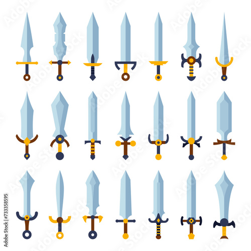 Cartoon steel swords set icons. Knives daggers sharp blades. Fantasy game weapon icon in flat style. Vector illustration