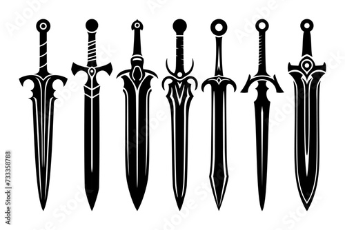 Set of fantasy swords icons. Medieval swords and futuristic weapons for game interface. Cartoon set of fantasy metal longswords. Vector illustration