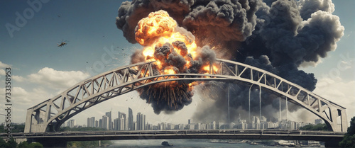 strategic generic bridge being bombed for the concept of attacking vital infrastructure or demolishing structures as wide banner with copy space 