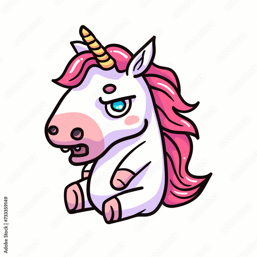 A grumpy unicorn depicted in a cute vector illustration, adding humor and charm to fantasy designs. Perfect for children's art and imaginative projects. Not AI.