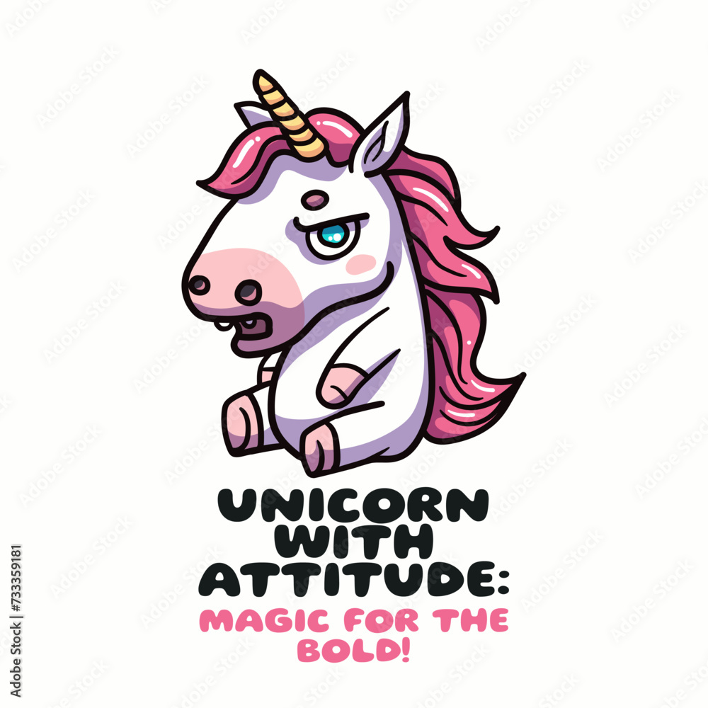 A grumpy unicorn depicted in a cute vector illustration, Magic for the bold! Adding humor and charm to fantasy designs. Perfect for prints and posters. Not AI. A grumpy unicorn depicted in a cute vector illustration, Magic for the bold! Adding humor and charm to fantasy designs. Perfect for prints and posters. Not AI.