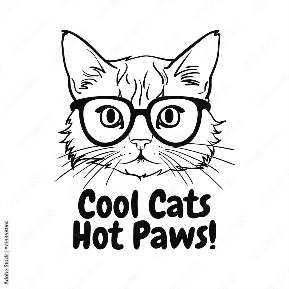 Line art. A hipster cat with sunglasses, exuding cool vibes in a cute Outline vector illustration. Paw prints. Perfect for shirts and posters, adding humor and charm. Not AI.