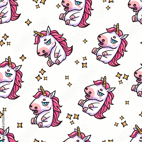 A grumpy unicorn seamless pattern. Cute fantasy background. Adding humor and charm to fantasy designs. Perfect for prints, clothe, wrapping paper. Not AI.