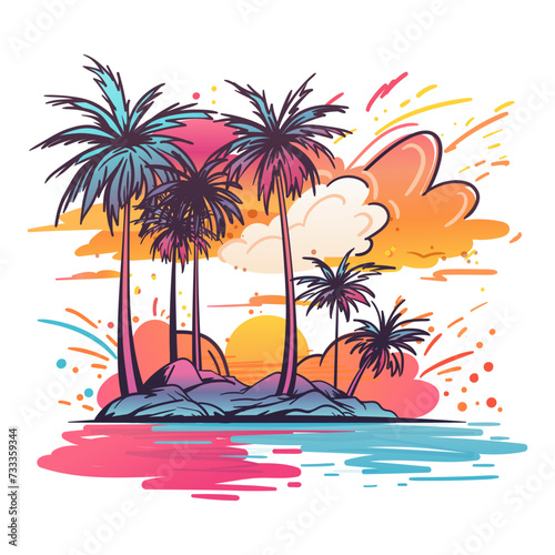An energetic illustration with vibrant paint splashes depicting island landscape with palm trees. Ideal for travel posters and vacation designs, adding a hand drawn touch to any project. Not AI.