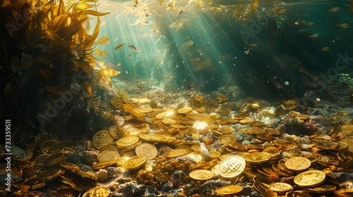 Old ancient golden coins money on sea bottom wallpaper background 