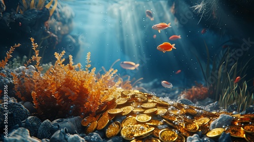 Old ancient golden coins money on sea bottom wallpaper background 