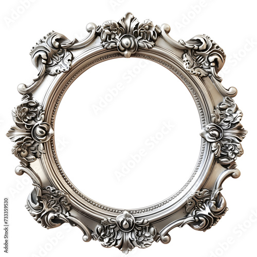 Silver metal vintage circle frame isolated on transparent background.