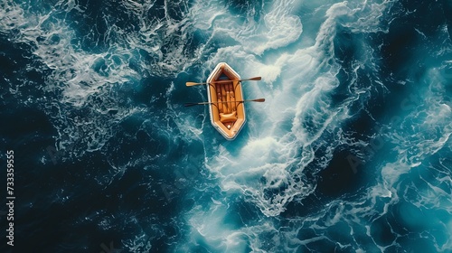 Aerial view of wooden boat on swirling blue waters, nautical adventure scene with rich textures. suitable for wallpaper and background use. AI