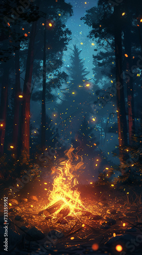 Create a scene where fireflies mimic the fires glow a symphony of light in the night