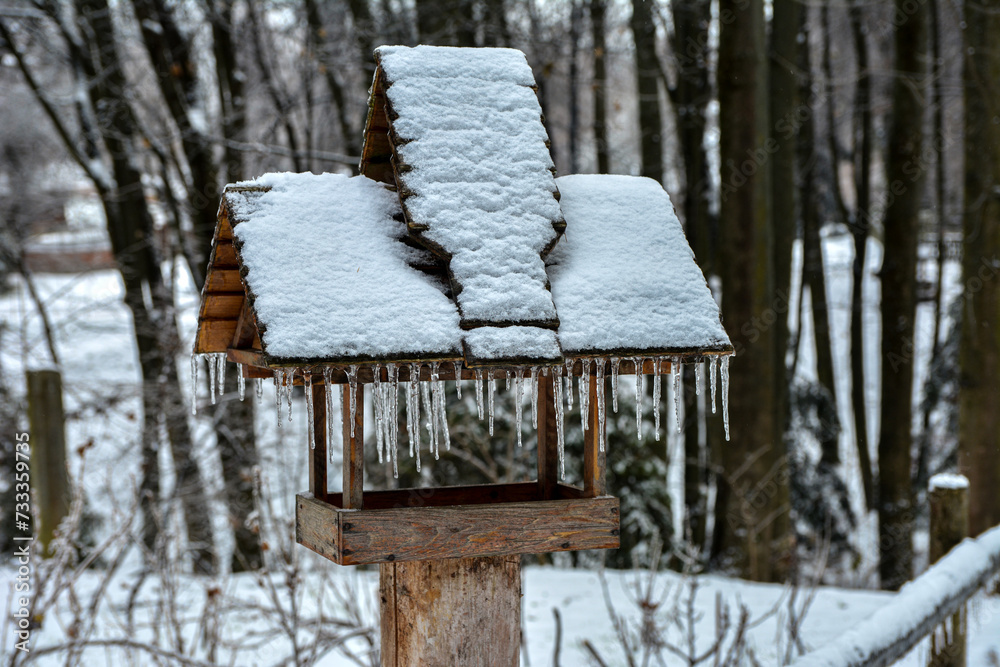 a bird house in the garden in winter with snow a bird house in the garden in winter with snow