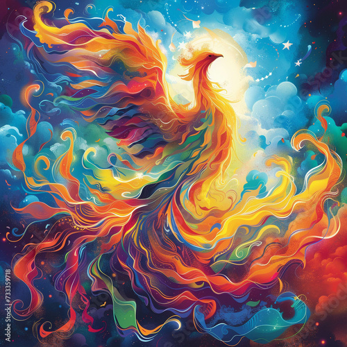 Illustrate a mythical phoenix reborn flames swirling in a vibrant spectacle of renewal © Thanapipat