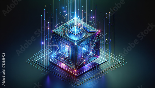 Futuristic object detection: Glass-like hexagon with glowing circuits and data streams.