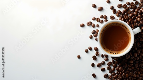 A cup of fresh brewed coffee surrounded by roasted beans. simple and elegant, ideal for menu or advertisements. daily beverage essential. AI