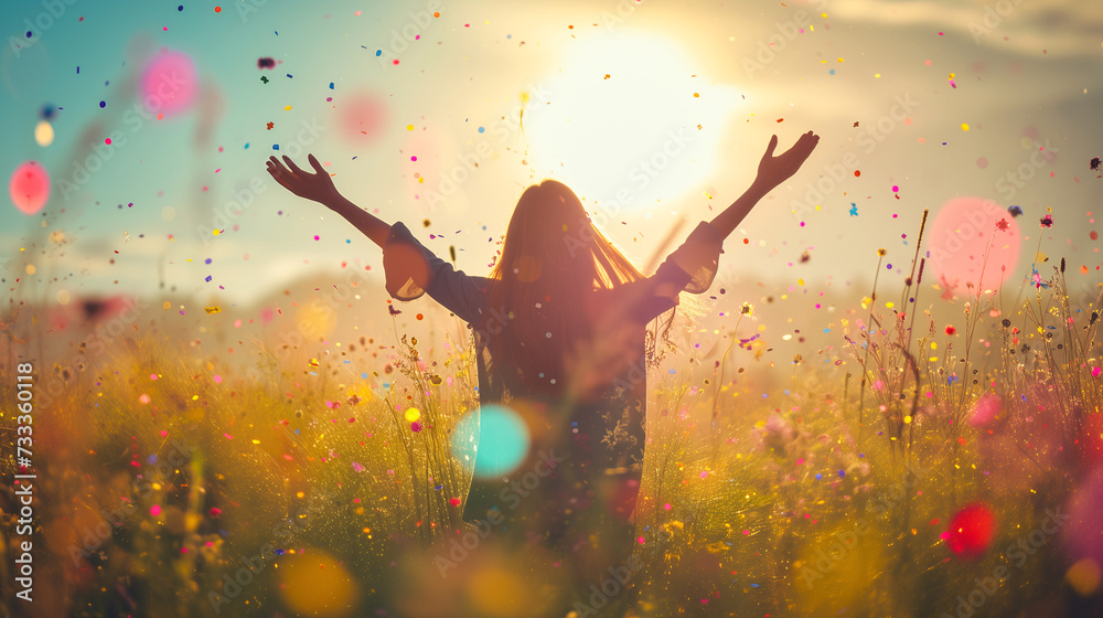 Joyful Woman Embracing Life Amongst Colorful Meadow