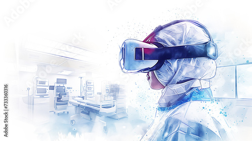 Simple flat watercolor illustration of a doctor conducting a telemedicine consultation with a VR-glasses, using virtual reality technology