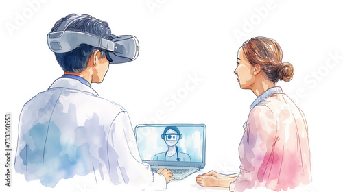 Simple flat watercolor illustration of a doctor conducting a telemedicine consultation with a VR-glasses, using virtual reality technology