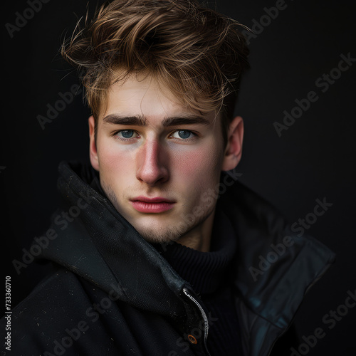 Portrait of a young handsome man with black jacket on a dark gray wall background. Concept of fashion, hair design, hair cut, hair style. © CFK