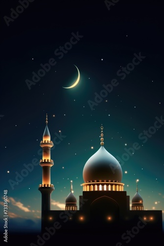 A stunning image of a mosque illuminated at night with a full moon in the sky. Perfect for capturing the beauty and tranquility of Islamic architecture. Ideal for various projects and designs © Fotograf