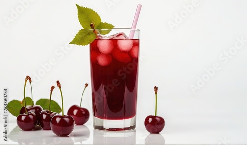 Fresh cherry juice in a glass with a tube and fresh cherries next to it isolated on a white background