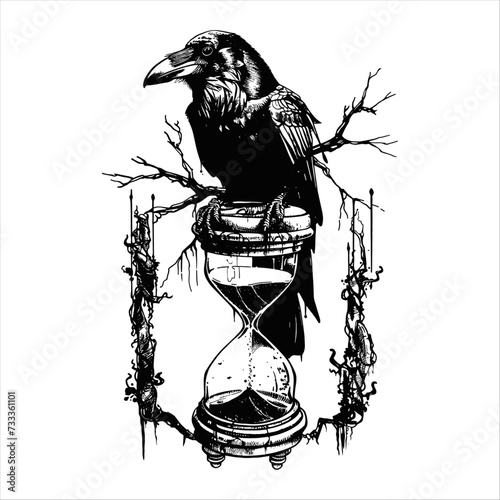 Raven sitting of hourglass vector art illustration, generative ai, isolated on white background.
