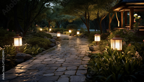 Illuminated Garden Pathway at Dusk with Traditional Lanterns