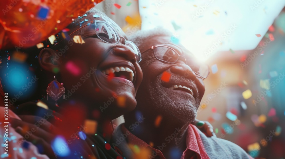 A joyful moment captured as a man and a woman smile while colorful confetti falls from the sky. Perfect for celebrating special occasions and creating a festive atmosphere